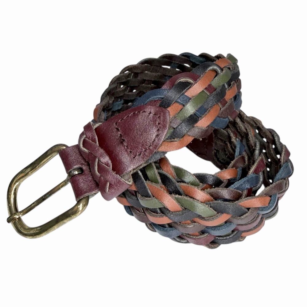 Capezio Womens Woven Leather Belt Multicolor Braided Brass Buckle Sz M Boho